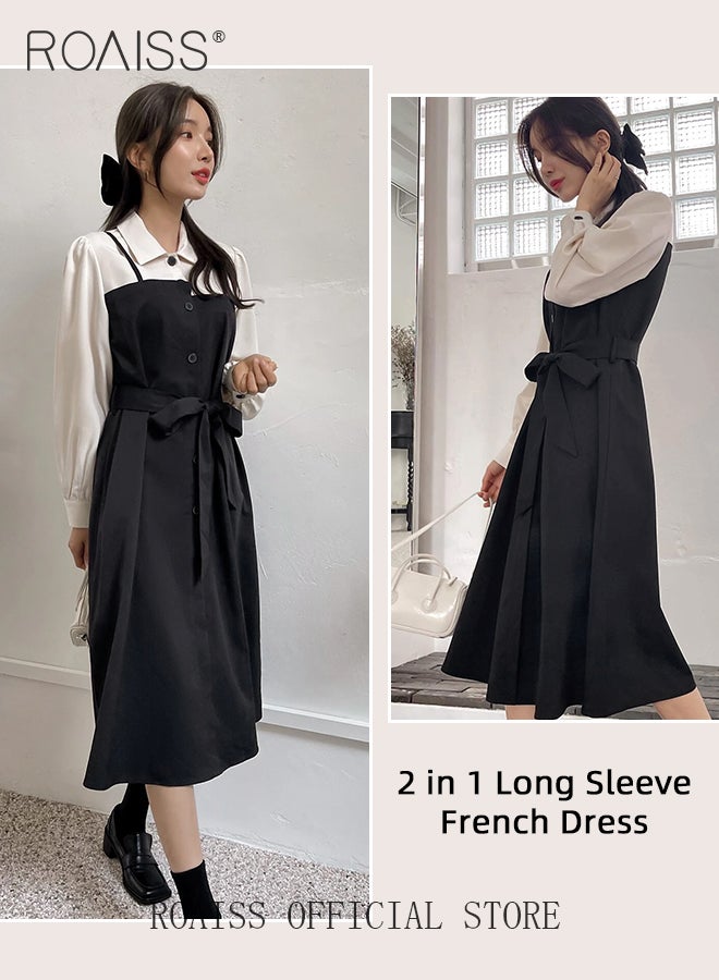 2 in 1 Colorblock Belted Shirt Dress for Women Comfy and Breathable Waistming Temperament Long Sleeve A-Line Mid-Rise Dress Ladies Stylish Slim Fit Dress Ideal for Office Commute or Daily Wear