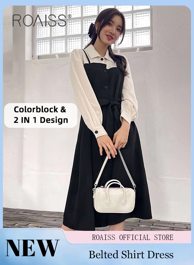 2 in 1 Colorblock Belted Shirt Dress for Women Comfy and Breathable Waistming Temperament Long Sleeve A-Line Mid-Rise Dress Ladies Stylish Slim Fit Dress Ideal for Office Commute or Daily Wear