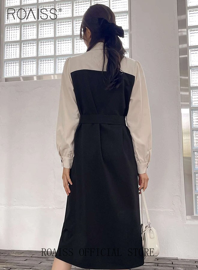 2 in 1 Colorblock Belted Shirt Dress for Women Comfy and Breathable Waistming Temperament Long Sleeve A-Line Mid-Rise Dress Ladies Stylish Slim Fit Dress Ideal for Office Commute or Daily Wear