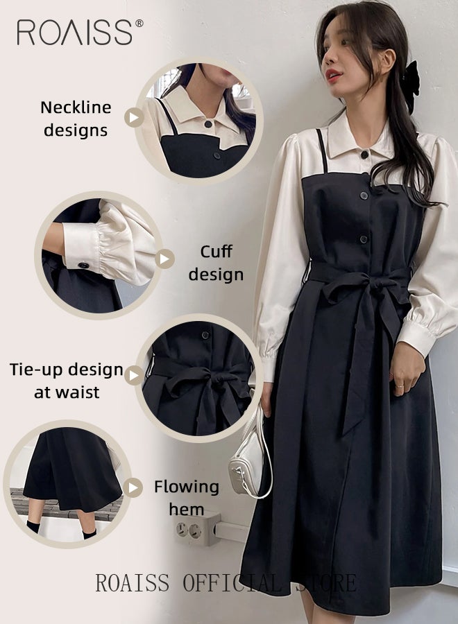 2 in 1 Colorblock Belted Shirt Dress for Women Comfy and Breathable Waistming Temperament Long Sleeve A-Line Mid-Rise Dress Ladies Stylish Slim Fit Dress Ideal for Office Commute or Daily Wear