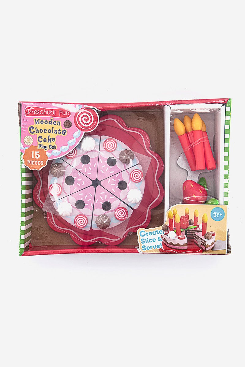 15 Pcs Wooden Chocolate Cake Playset, Pink/Red/Green