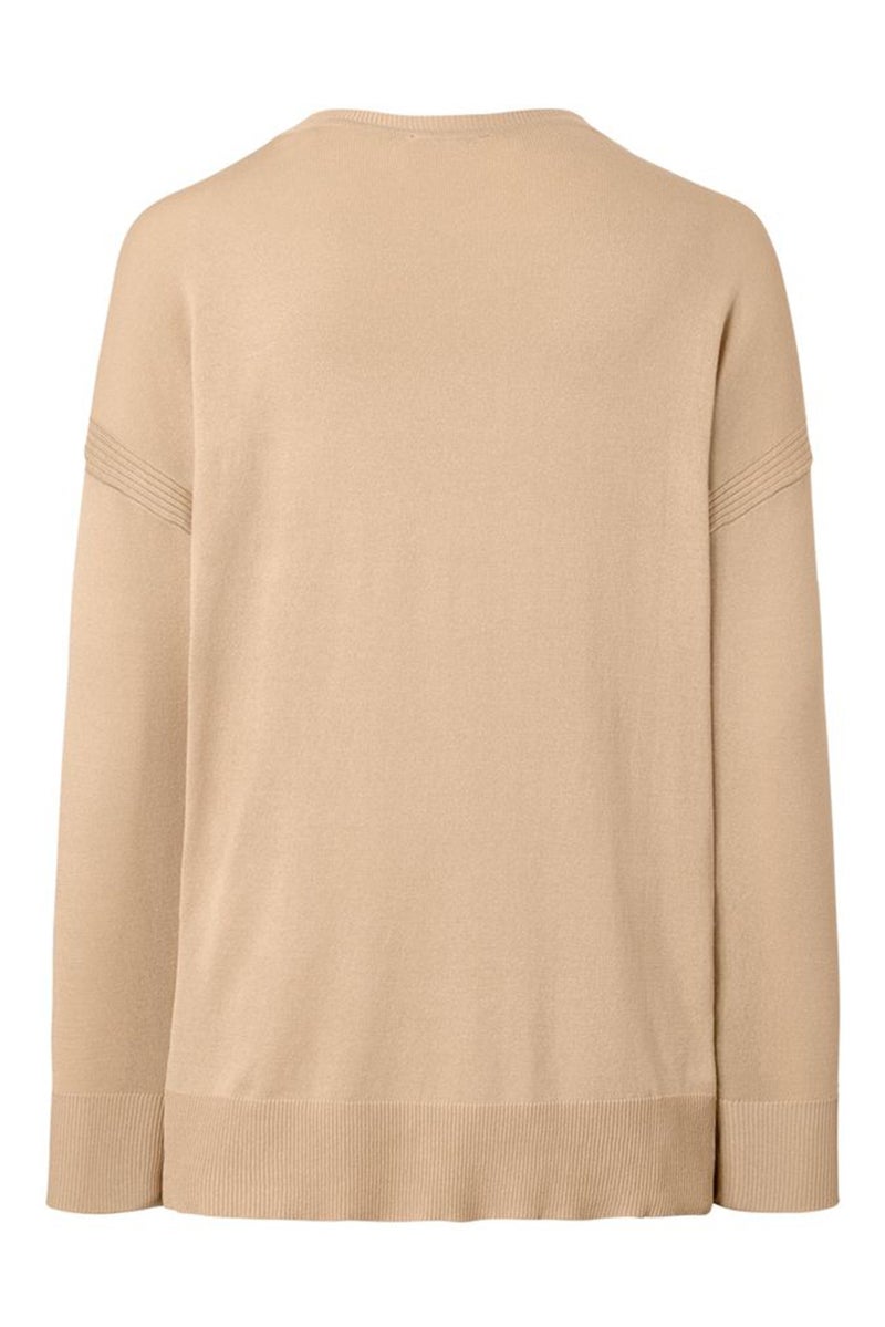 Women V-Neck Plain Knitted Sweater, Beige