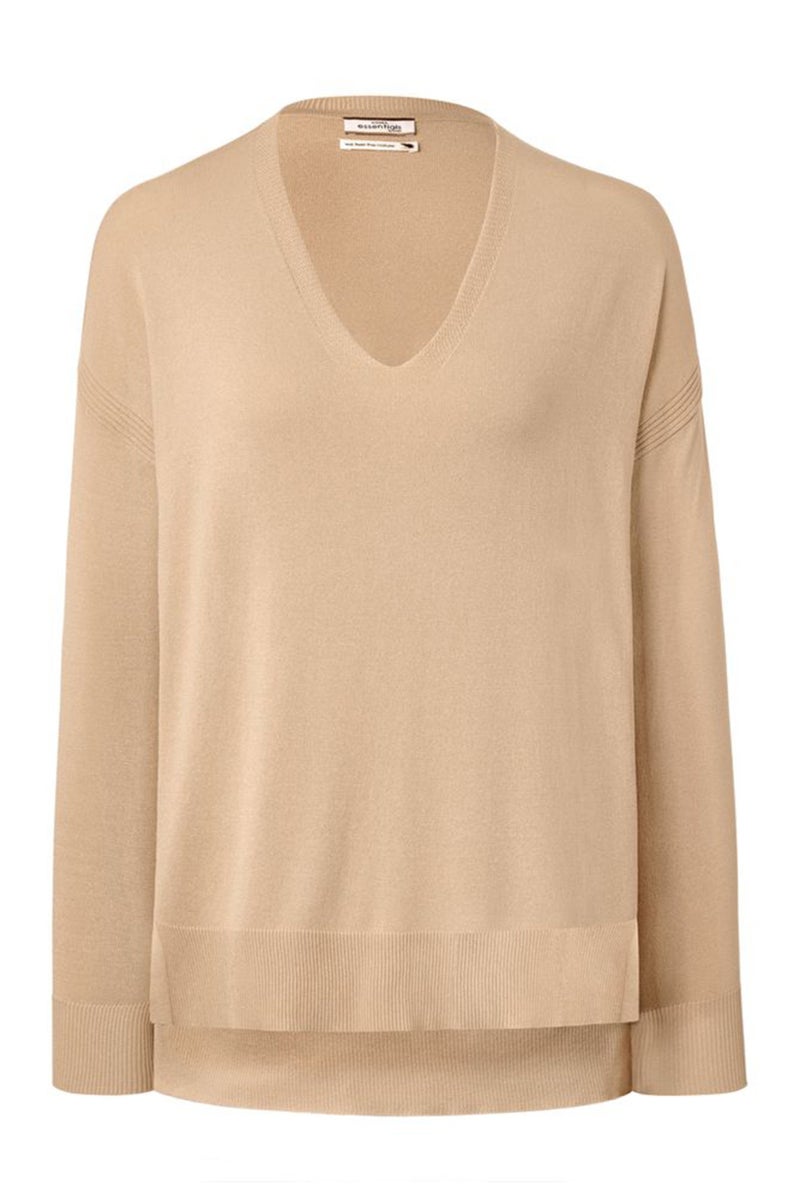 Women V-Neck Plain Knitted Sweater, Beige