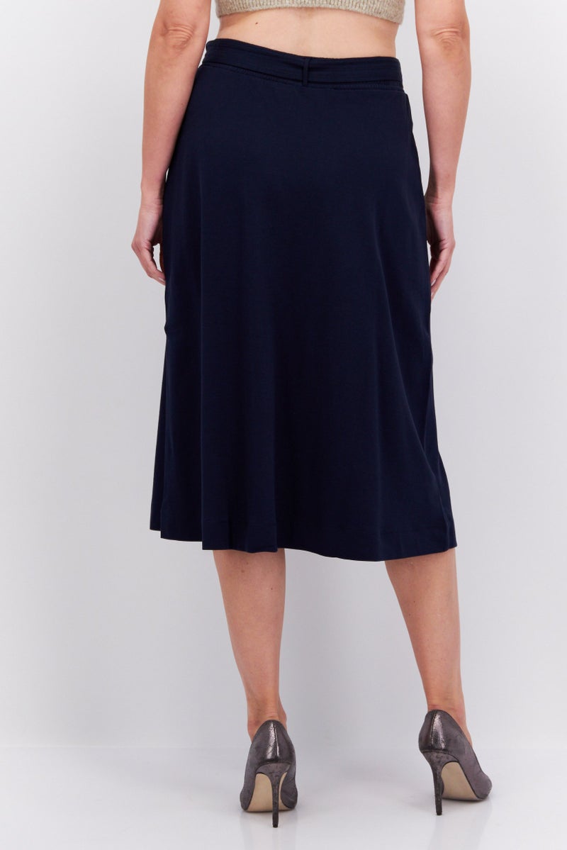 Women Solid Belted Midi Skirts, Navy Blue