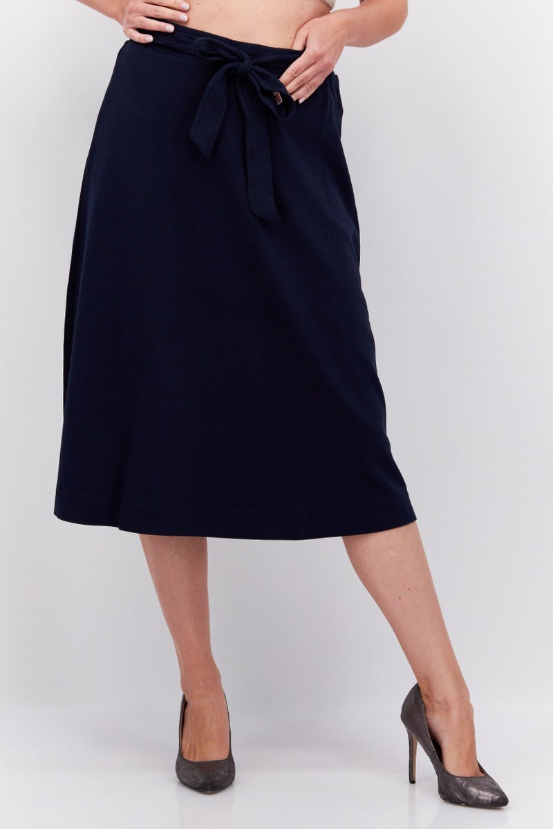 Women Solid Belted Midi Skirts, Navy Blue