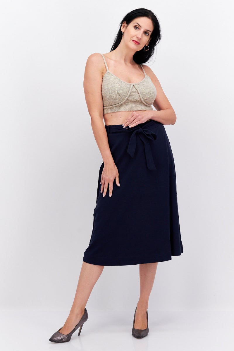 Women Solid Belted Midi Skirts, Navy Blue