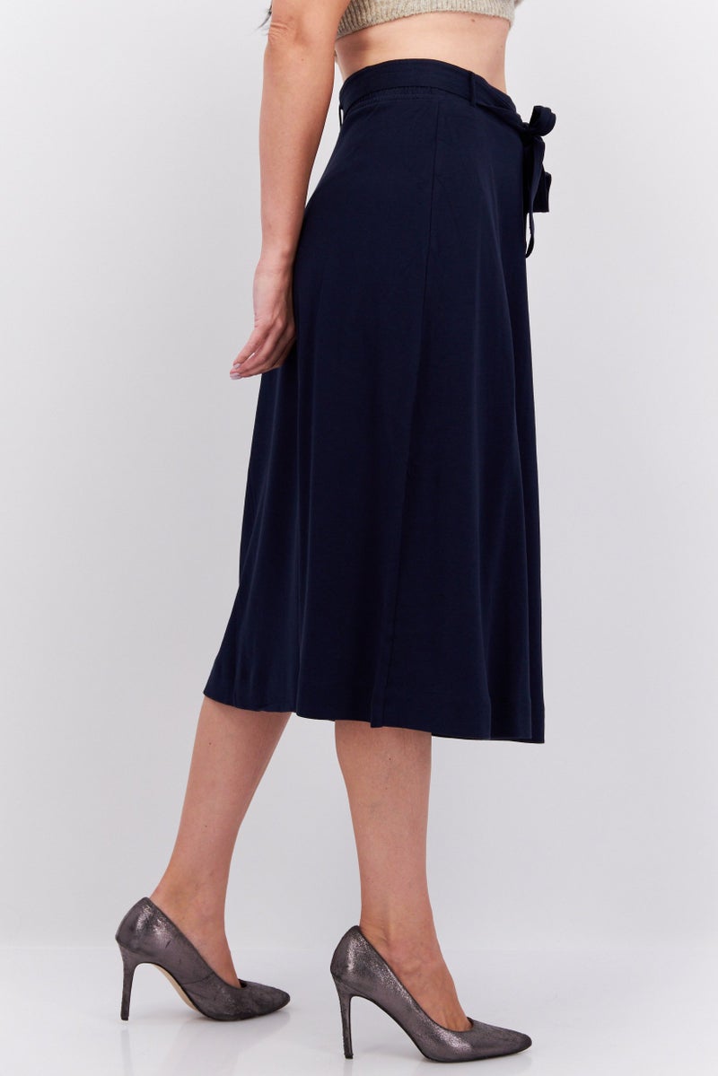 Women Solid Belted Midi Skirts, Navy Blue