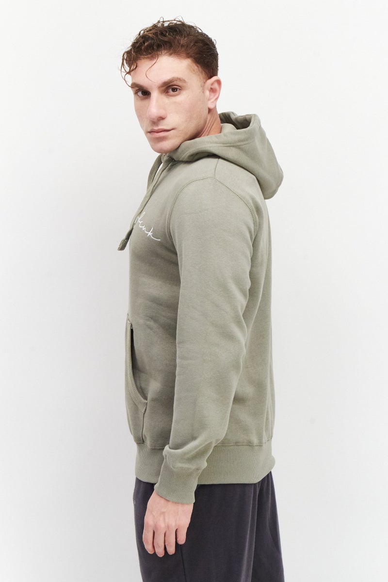 Men Embroidered Logo Long Sleeves Hoodie, Light Olive