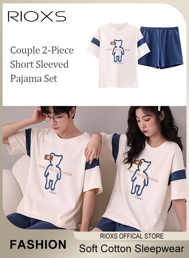 Couples Matching 2 Pieces Short Sleeve Pajamas Soft Cotton Sleepwear Button Down Loungewear Men's Women's Crew Neck T-Shirt & Straight Loose Leg Short