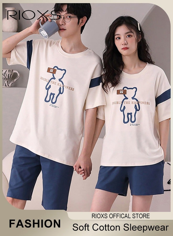 Couples Matching 2 Pieces Short Sleeve Pajamas Soft Cotton Sleepwear Button Down Loungewear Men's Women's Crew Neck T-Shirt & Straight Loose Leg Short