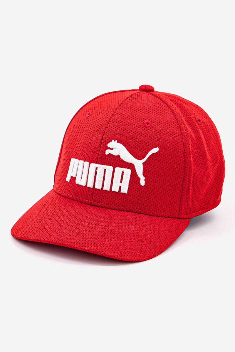 Men Stretch Fit Brand Logo Textured Cap, Red and White