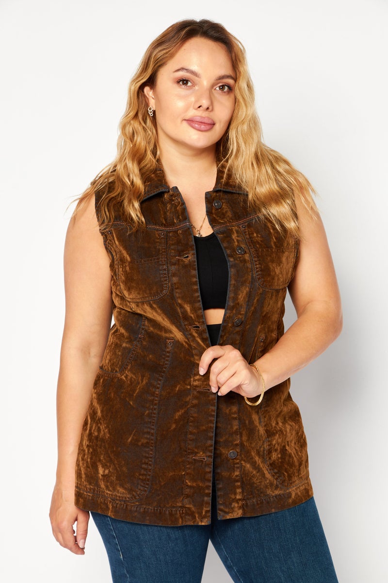Women Spread Collar Sleeveless Plain Shirt, Brown