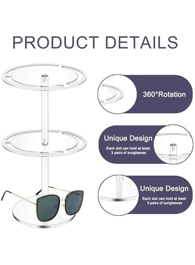 2 Tier Acrylic Sunglasses Holder Stand with 360 Rotating, Eyeglasses Display Rack Clear Eyewear Tabletop Organizer for up to 24 Pairs of Eyewear Glasses for Table Dresser Desk Countertop Bedroom