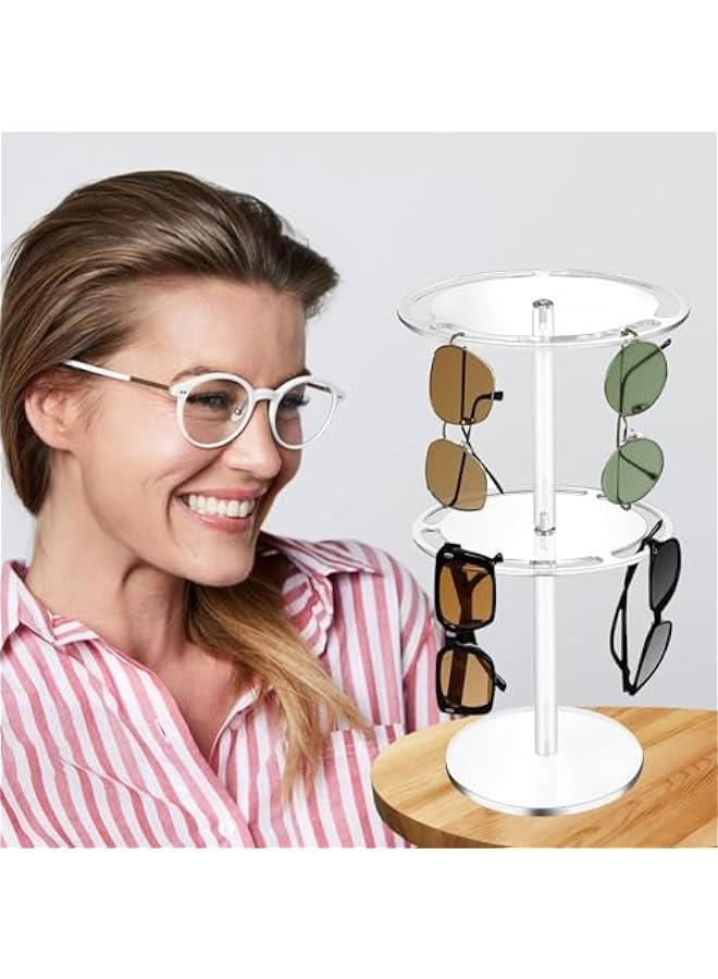 2 Tier Acrylic Sunglasses Holder Stand with 360 Rotating, Eyeglasses Display Rack Clear Eyewear Tabletop Organizer for up to 24 Pairs of Eyewear Glasses for Table Dresser Desk Countertop Bedroom