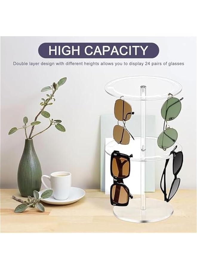 2 Tier Acrylic Sunglasses Holder Stand with 360 Rotating, Eyeglasses Display Rack Clear Eyewear Tabletop Organizer for up to 24 Pairs of Eyewear Glasses for Table Dresser Desk Countertop Bedroom