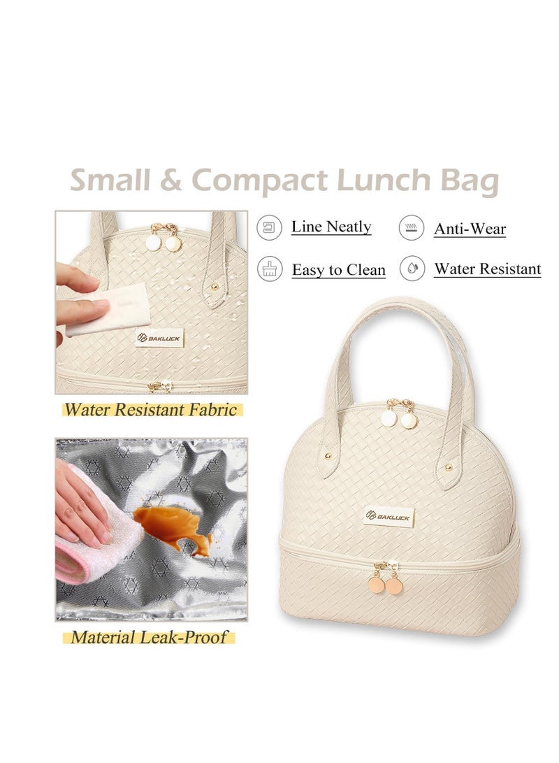 Bag Women, Insulated Lunch Bag, PU Leather Lunch Bag Waterproof Portable Small Simple Lunch Tote Bag for Women Work, Picnic or Travel (Beige)