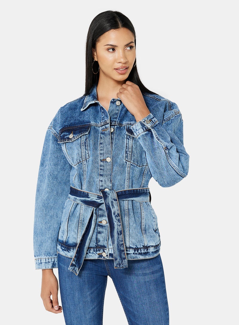 Tie-Up Waist Denim Jacket Blue