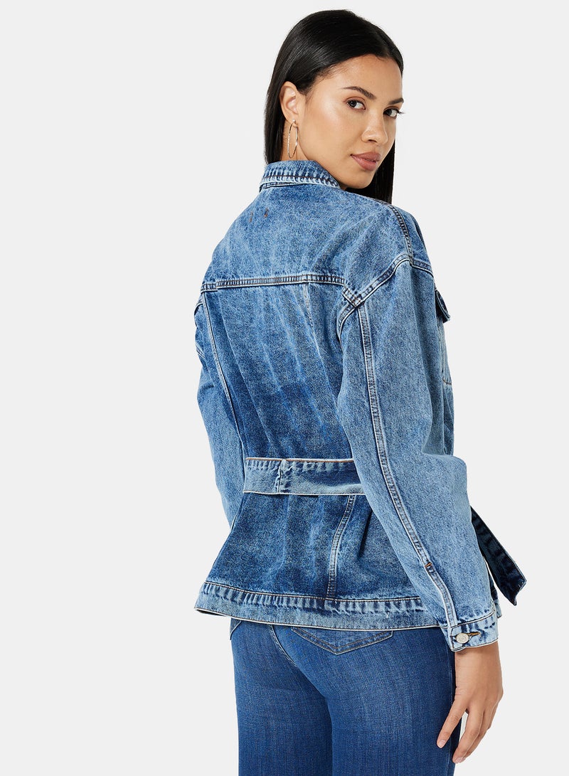 Tie-Up Waist Denim Jacket Blue