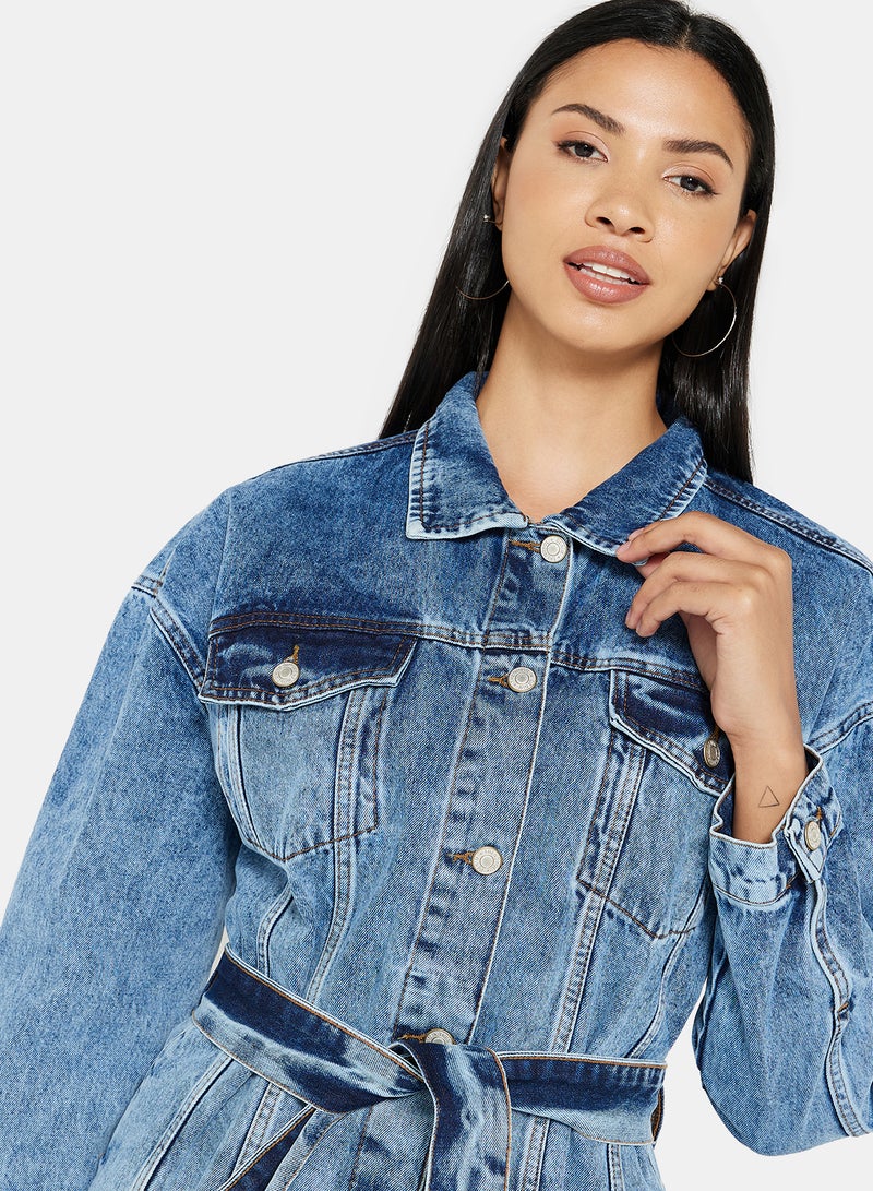 Tie-Up Waist Denim Jacket Blue