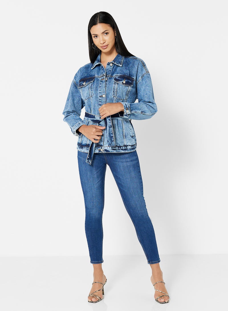 Tie-Up Waist Denim Jacket Blue