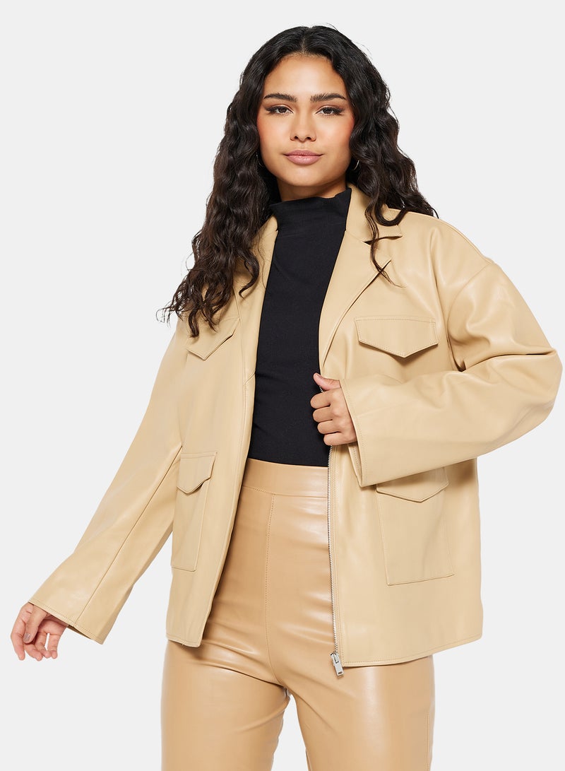 Faux Leather Jacket Beige