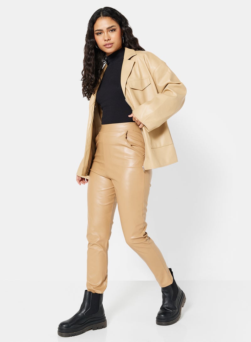 Faux Leather Jacket Beige