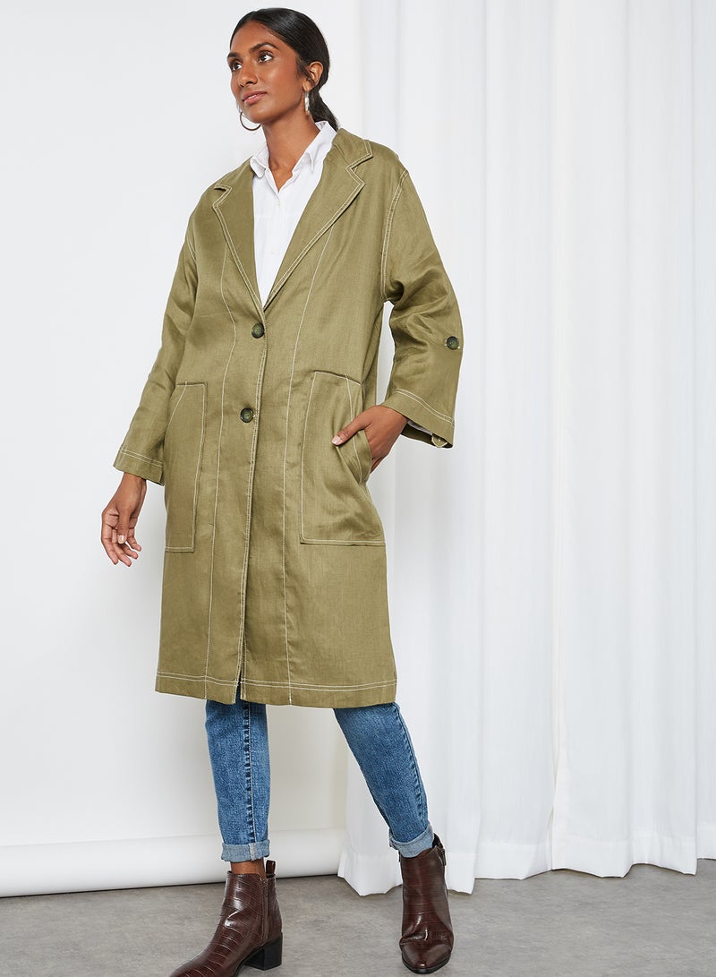 Button Detail Long Bottom Trench Coat Green