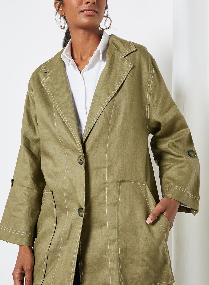 Button Detail Long Bottom Trench Coat Green