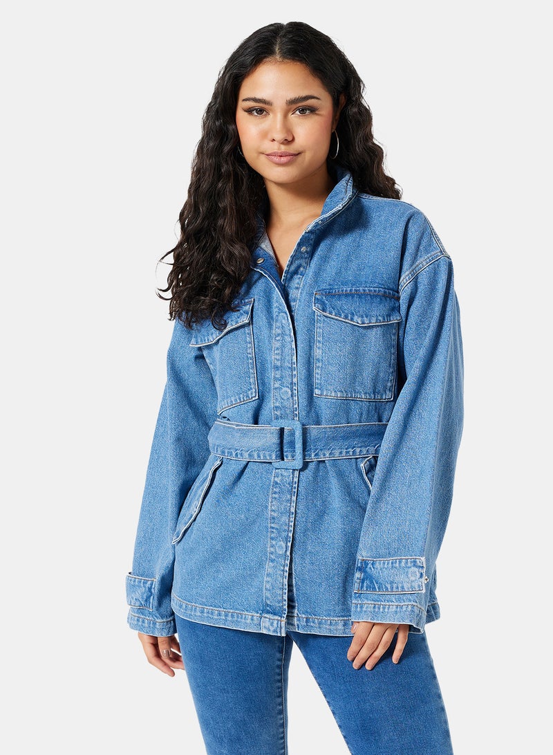 Belted Oversized Denim Jacket Blue