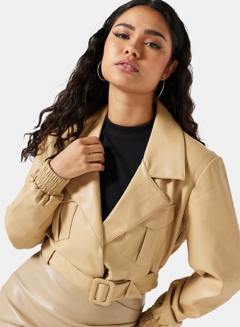 Belted Cropped Faux Leather Jacket Beige