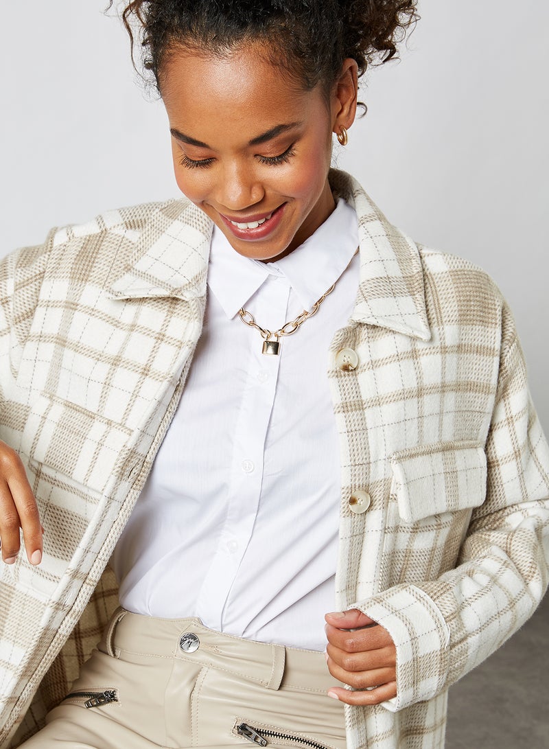 Front Pocket Checked Pattern Jackets Beige Check