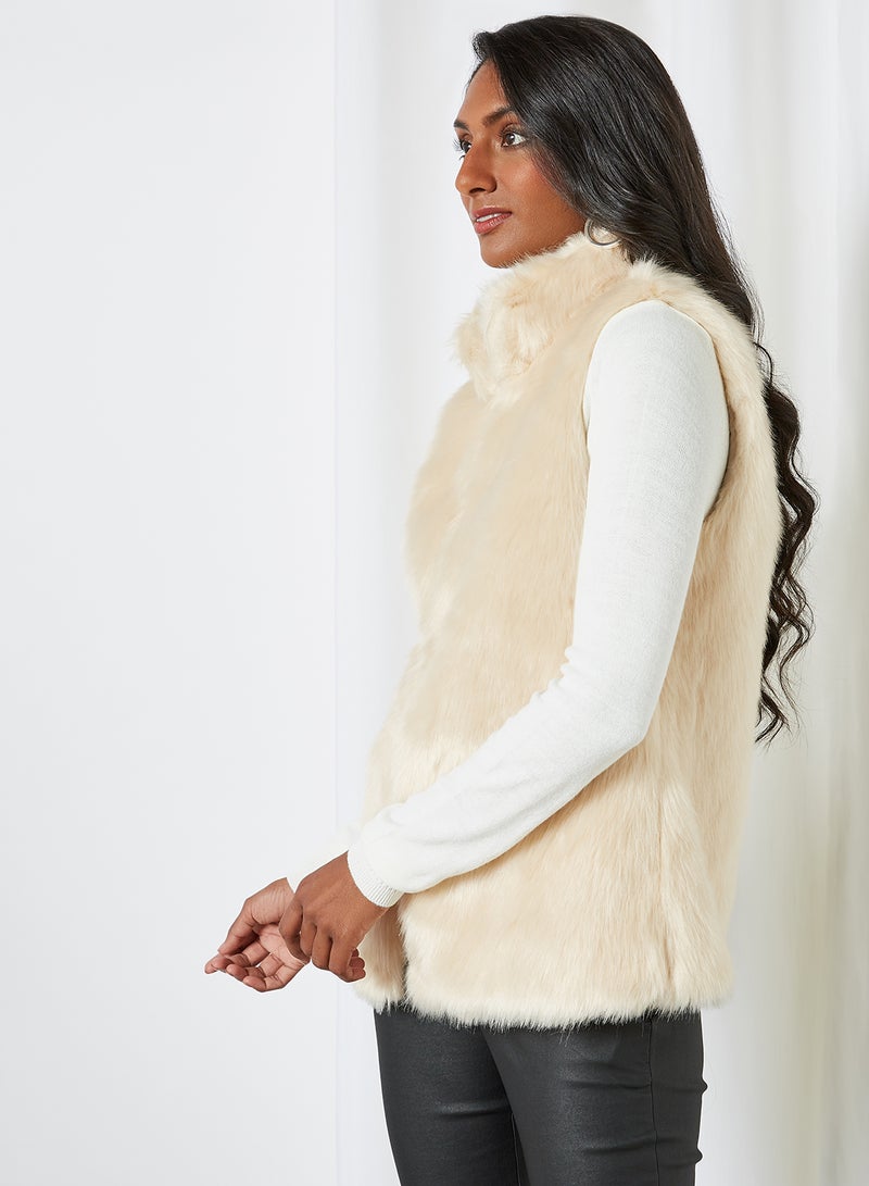 High Collar Plush Vest Beige