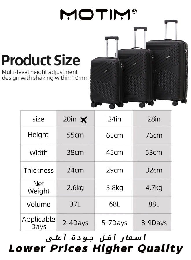 3pcs 20+24+28inch Luggage Set Carry On Luggage Lightweight Travel Bag Trolley With Premium ABS Material & Silent Spinner Wheels & TSA Lock & Nested Storage for Business Travel