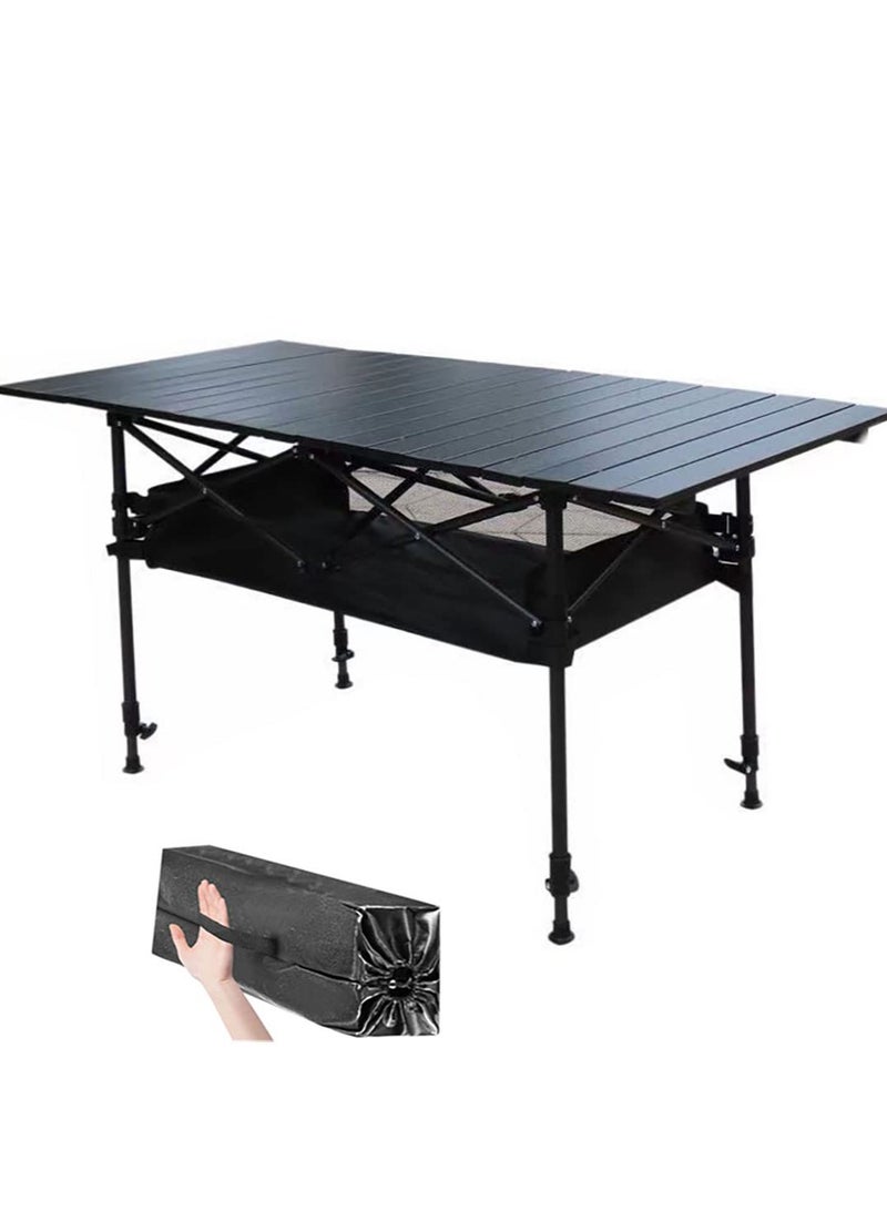 Black Folding camping table carbon steel portable roll-up picnic table for 4-6 person BBQ Party Large Size 120*60*55cm with mesh bag