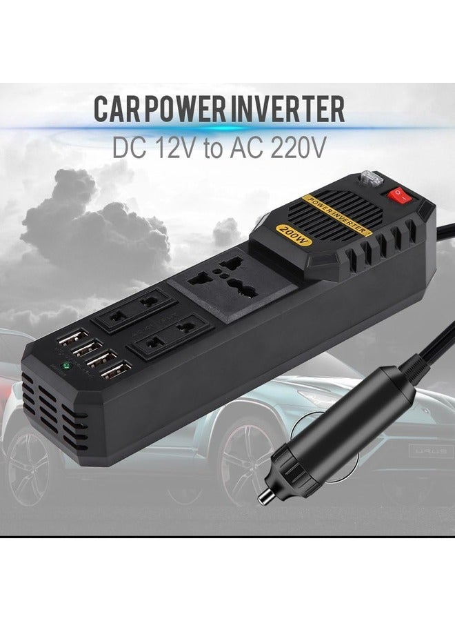 200W Car Power Inverter – DC 12V to AC 220V with 4 USB Ports and Cigarette Lighter Adapter.