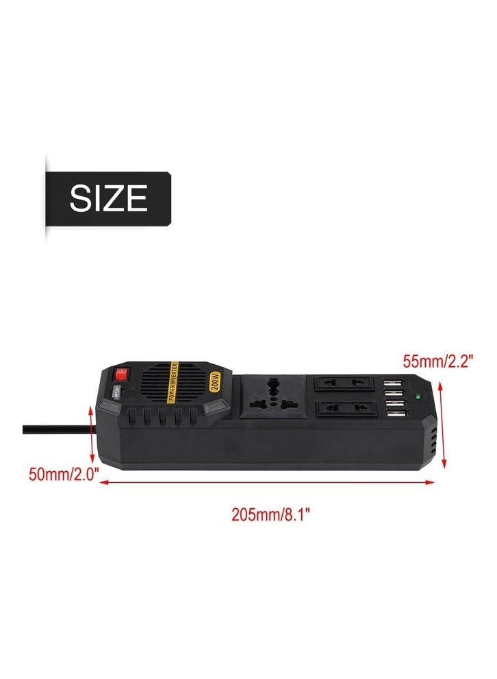 200W Car Power Inverter – DC 12V to AC 220V with 4 USB Ports and Cigarette Lighter Adapter.