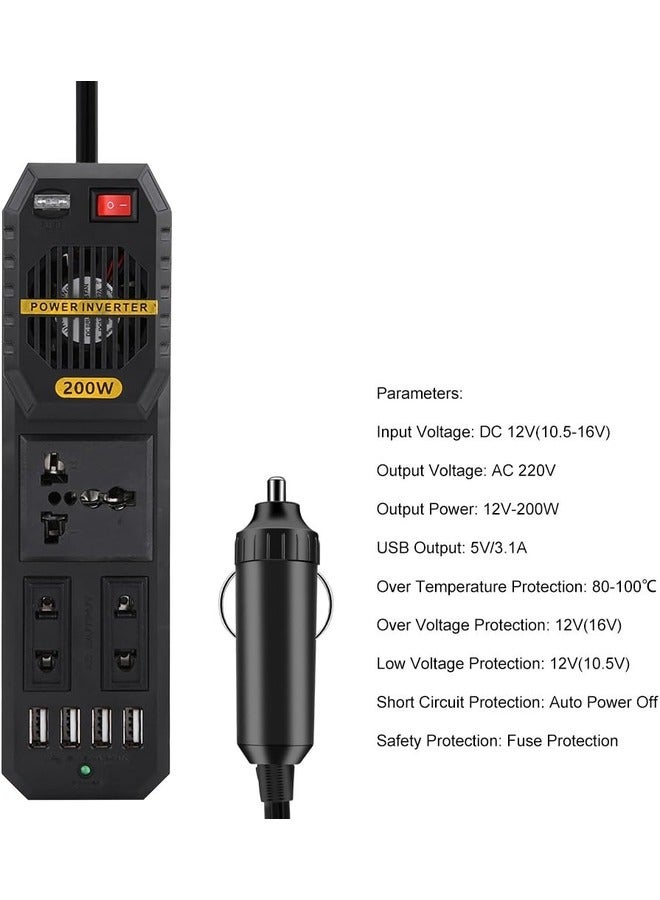 200W Car Power Inverter – DC 12V to AC 220V with 4 USB Ports and Cigarette Lighter Adapter.