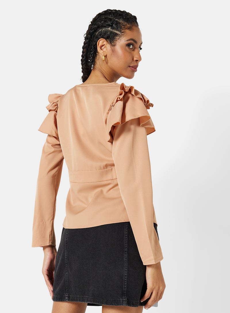 Ruffle Wrap Long Sleeve Top Sand