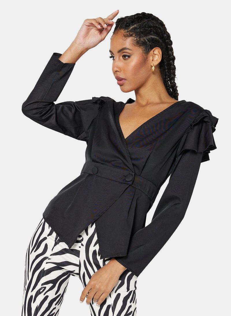 Ruffle Wrap Long Sleeve Top Black