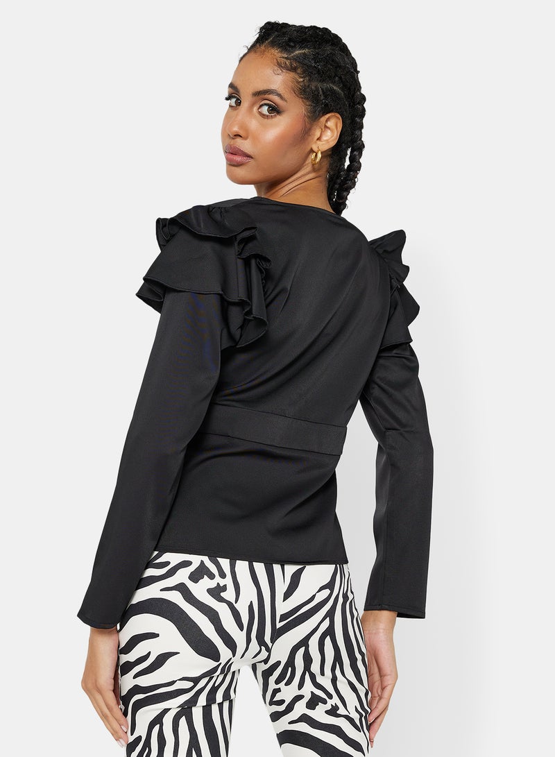 Ruffle Wrap Long Sleeve Top Black