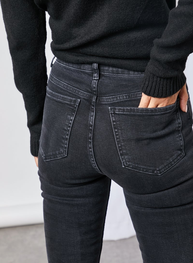 Hen Detail High Waist Slim Fit Jeans Black