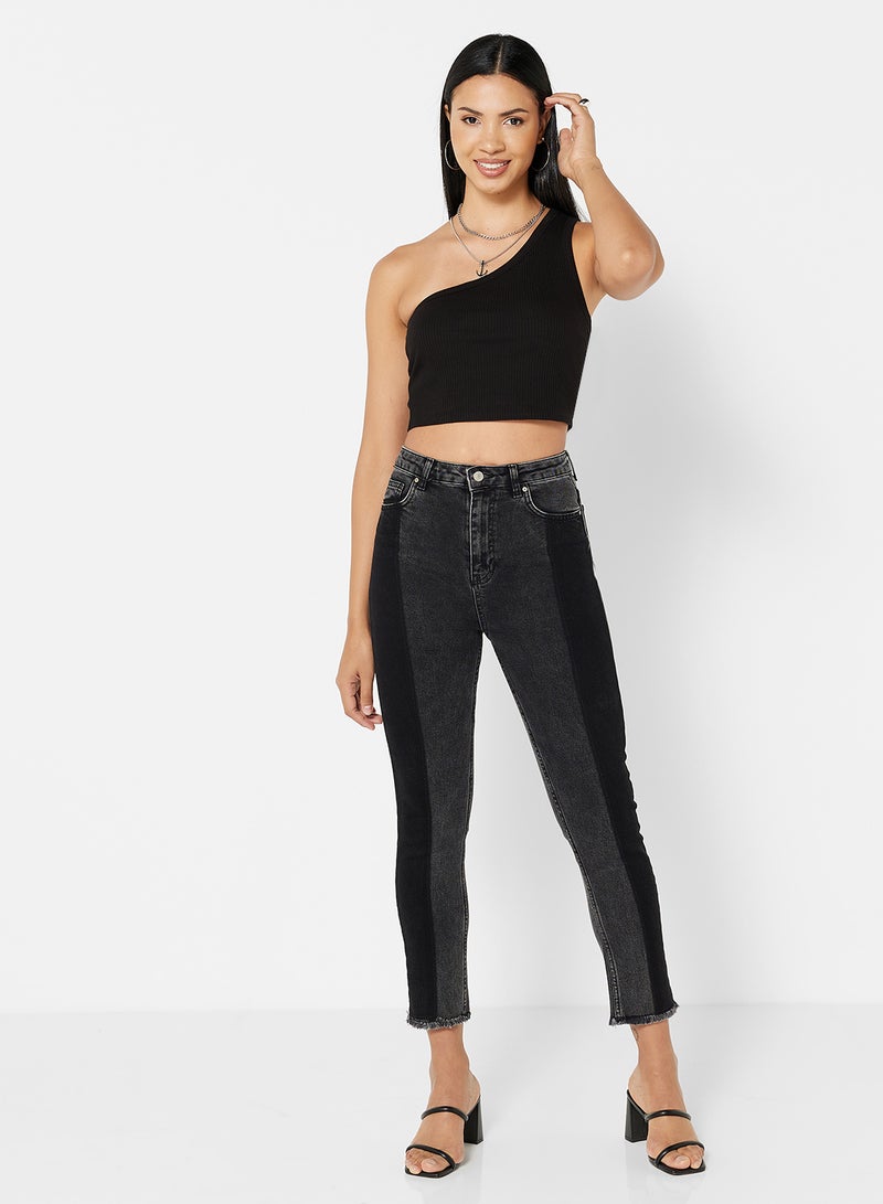 Color-Blocked High Waist Slim Fit Jeans Black