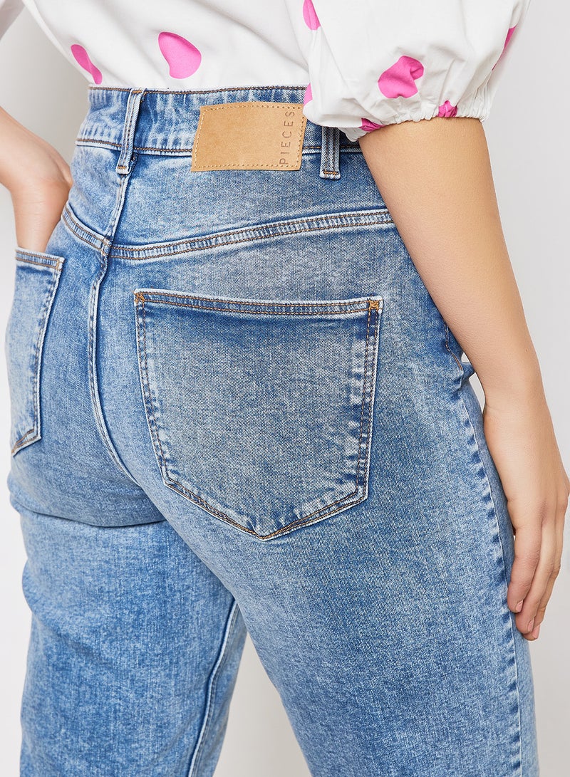 High Waist Straight Cropped Jeans Blue