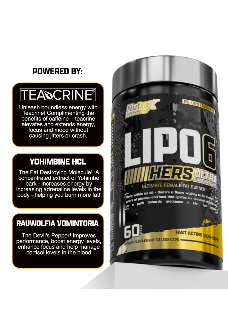 Nutrex Research Lipo-6 Black Hers Ultra Concentrate - Weight Loss Pills for Women, Fat Burner, Metabolism Booster, Hair, Skin, & Nails Support, 60 Capsule