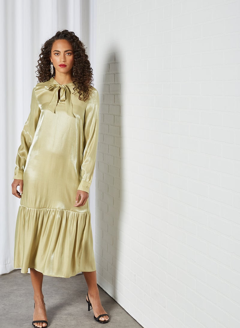 Satin Tie-Up Neck Midi Dress Gold