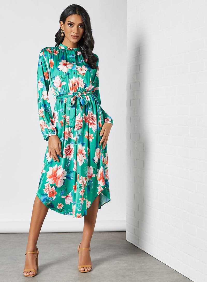 Floral Asymmetric Hem Dress Green