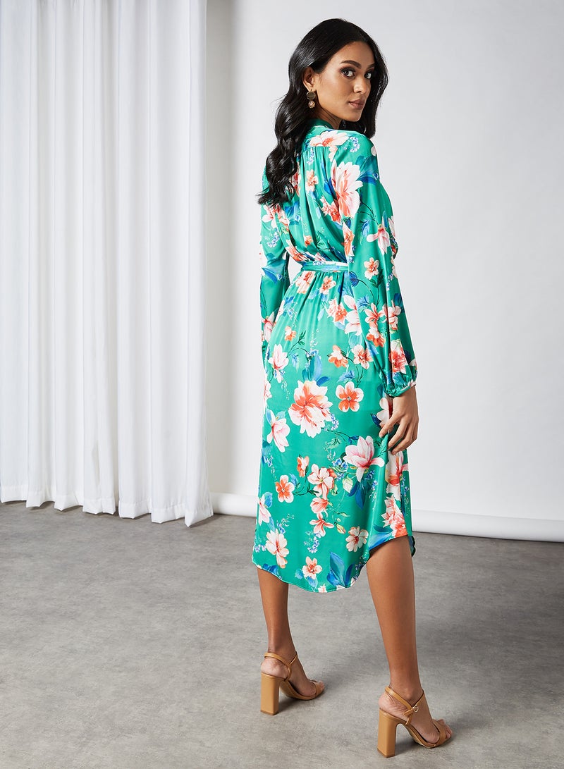 Floral Asymmetric Hem Dress Green