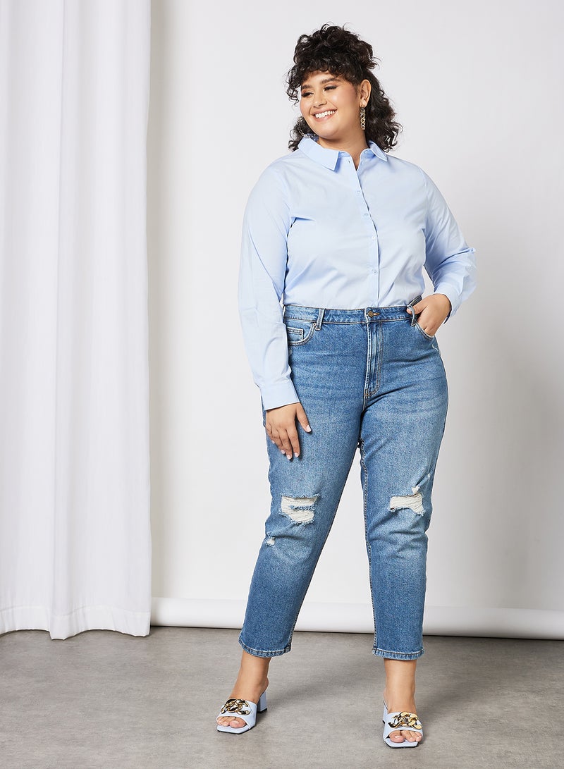 Curvy Basic Long Sleeve Shirt Blue