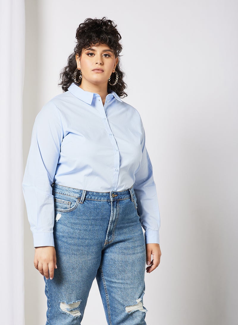 Curvy Basic Long Sleeve Shirt Blue