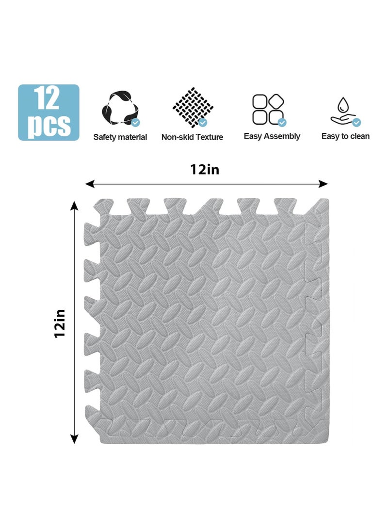 Exercise Floor Mats Pack of 12 ，dimension 12 x 12- EVA Foam Mats with Interlocking Floor Tiles - Exercise underpads for home and fitness equipment(Grey)